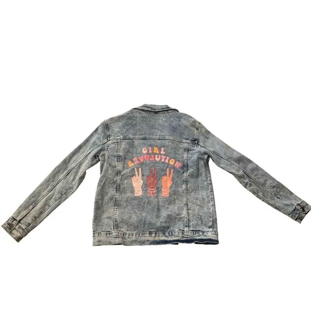 Barbie Girl Revolution Patch Denim Acid Wash Jean Jacket Size XL (14-16) Peace
